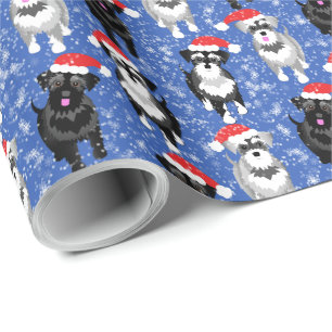 Papier Cadeau Schnauzers de Noël à Santa Hats Blue Snowflakes