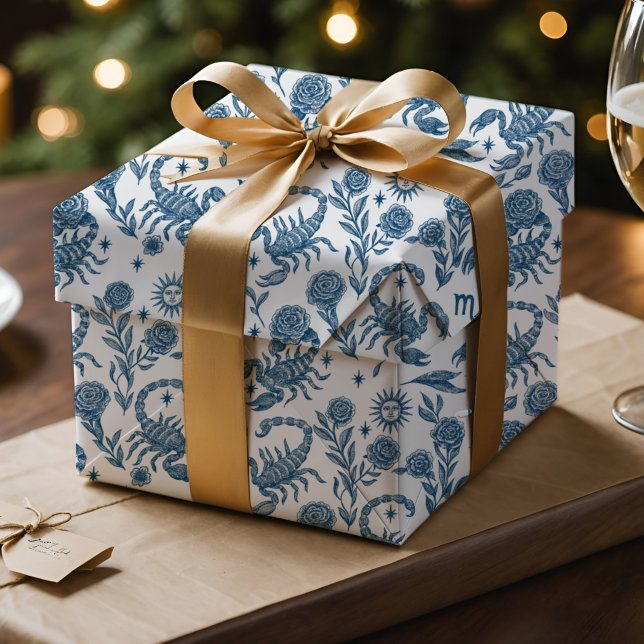 Papier Cadeau Scorpio Zodiac Intricate Celestial Blue Floral (Scorpio Zodiac toile wrap with Delft blue scorpions, florals & celestial charm.)