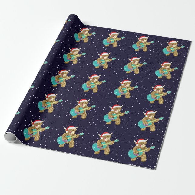 Papier Cadeau Scottish Highland Cows Joue Une Guitare De Noël (Déroulé)