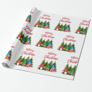 Papier Cadeau Script de brosse rouge Aquarelle de Noël Gnomes A