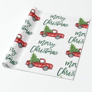 Papier Cadeau Script de brosse verte Camion Vintage de Noël