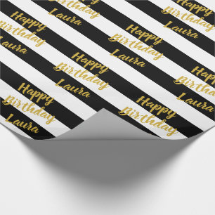 Papier Cadeau Script Faux Gold personnalisé sur bandes noir et b