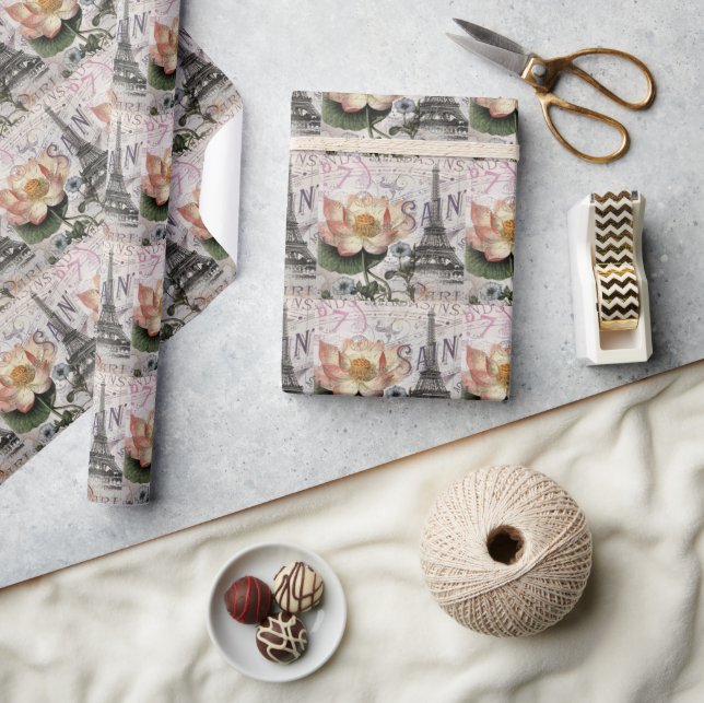 Papier Cadeau scripts tour eiffel lotus paris botanique français (Artisanat)