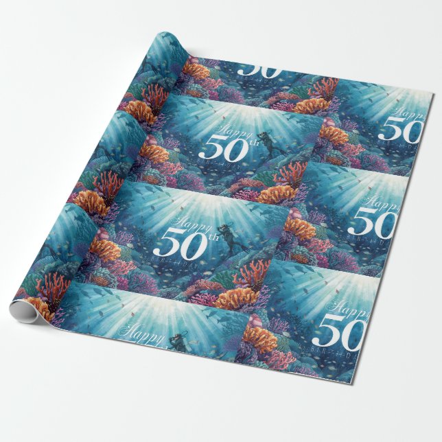 Papier Cadeau Scuba 50th birthday underwater birthday card  (Déroulé)