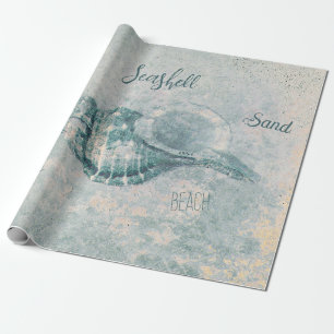 Papier Cadeau Sea Shell Turquoise Beige Vintage Ocean Beach Scri