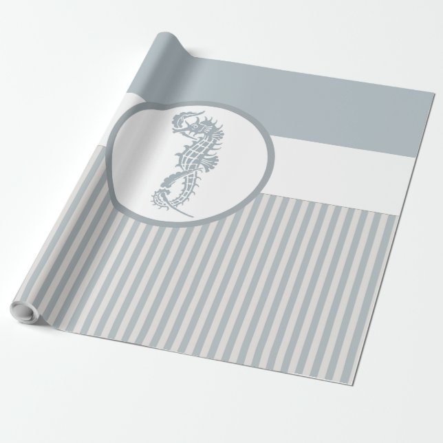 Papier Cadeau Seahorse Bleu Classique Nautique Élégant (Déroulé)