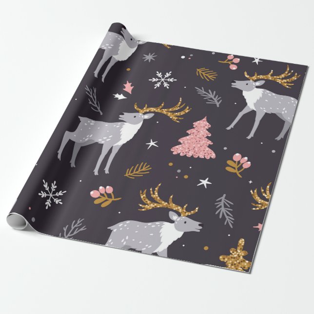 Papier Cadeau  seamless pattern with reindeer, fir trees and sno (Déroulé)