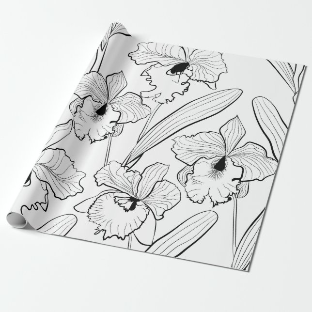 Papier Cadeau Seamless sketched orchid cattleya flowers tropical (Déroulé)