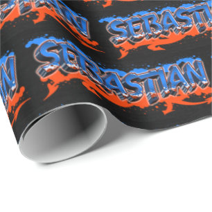 Papier Cadeau Sebastian Prénom Graffiti blue orange