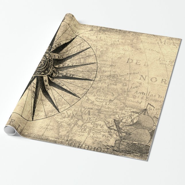 Papier Cadeau Sepia Compass navigation Découverte de l'âge Carte (Déroulé)