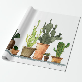 Papier Cadeau Sept cactus d'aquarelle vert dessinés à la main en