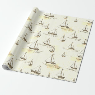 Papier Cadeau Serene Beige Voiliers Motif sur mer