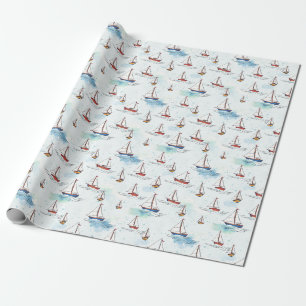 Papier Cadeau Serene Blue Red Voiliers Motif sur mer