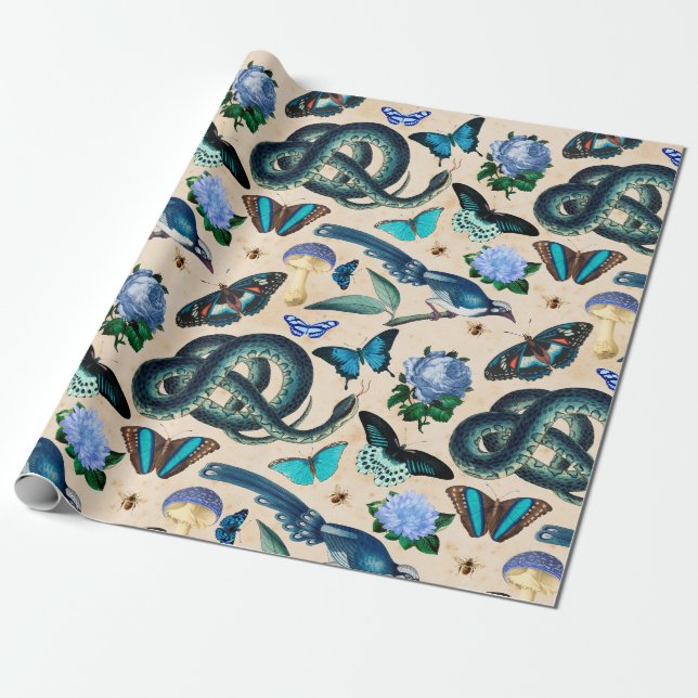 Papier Cadeau Serpents bleus Oiseaux et papillon (Déroulé)