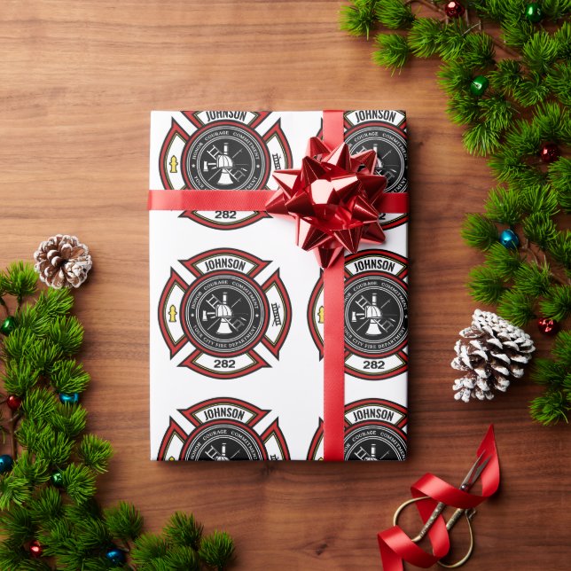 Papier Cadeau Service d'incendie AJOUTEZ NOM Insigne de pompier  (Cadeau de vacances)