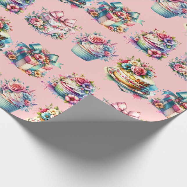 Papier Cadeau Shabby Chic Floral rose et bleu Anniversaire (Coin)