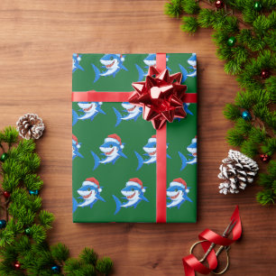 Papier Cadeau Shark Christmas Santa Hat Cadeau Vert
