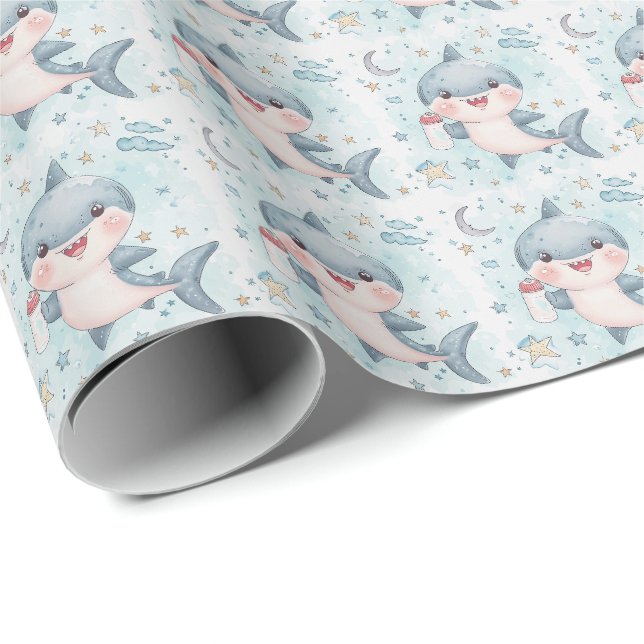 Papier Cadeau Shark Cute Baby Pastel Motif d'aquarelle (Coin rond)