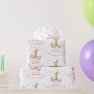Papier Cadeau Shine Pink Gold Crown Princesse 1er anniversaire