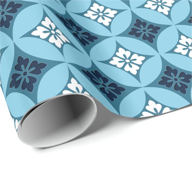 Papier Cadeau Shippo avec Motif Fleur, Bleu et Blanc (Coin rond)