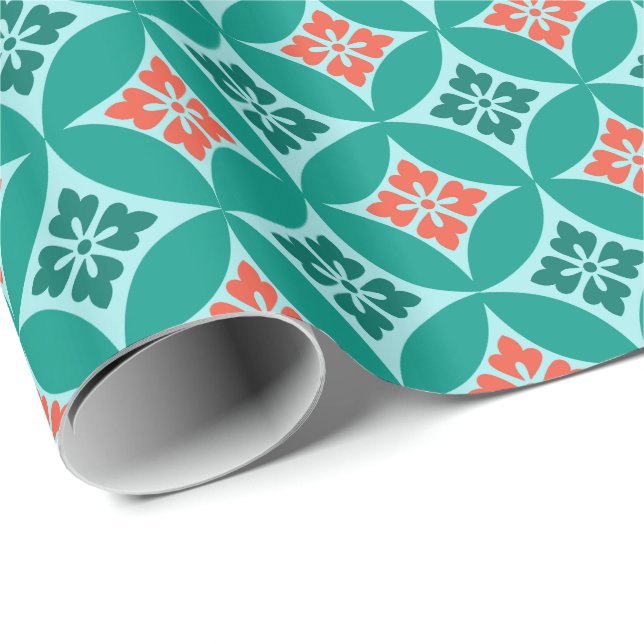 Papier Cadeau Shippo avec Motif Fleur, Turquoise et Coral (Coin rond)