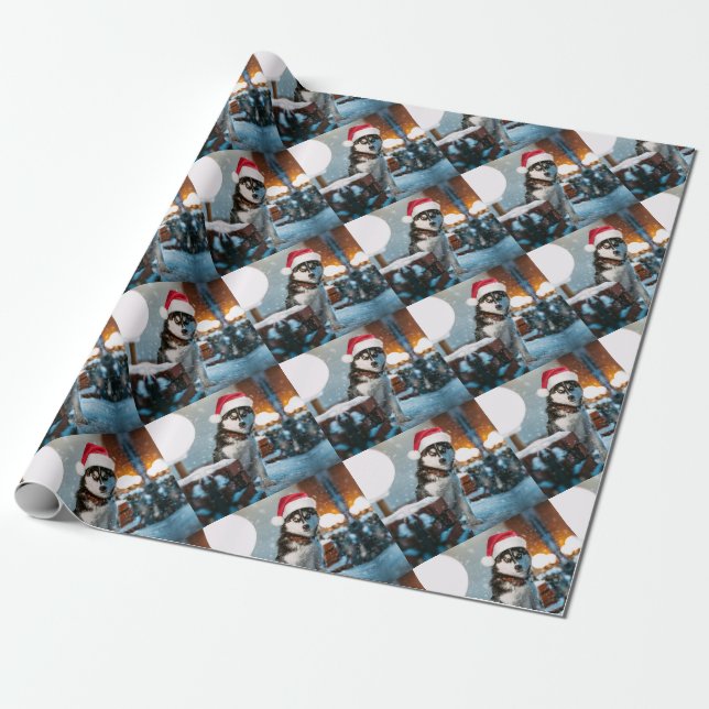 Papier Cadeau Siberian Husky dog wearing santa hat (Déroulé)