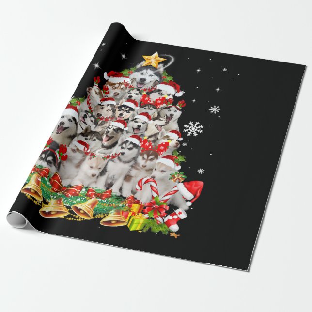 Papier Cadeau Sibérie Husky Christmas Tree Lumières Drôle Chien (Déroulé)