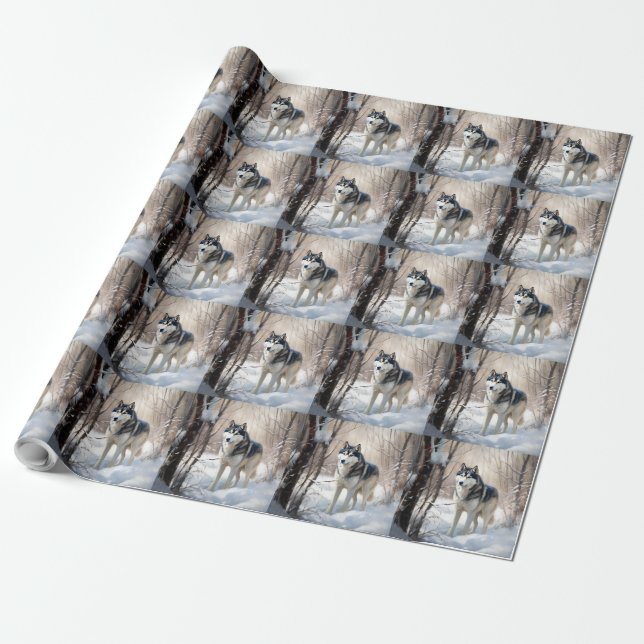 Papier Cadeau Sibérien Husky Laisser Neige Noël (Déroulé)