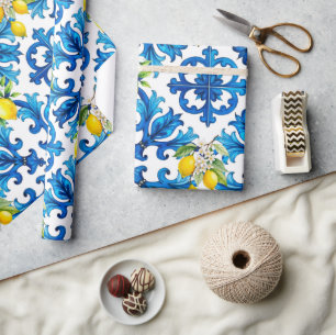 Papier Cadeau sicilien, été, citron, mosaïque, bleu