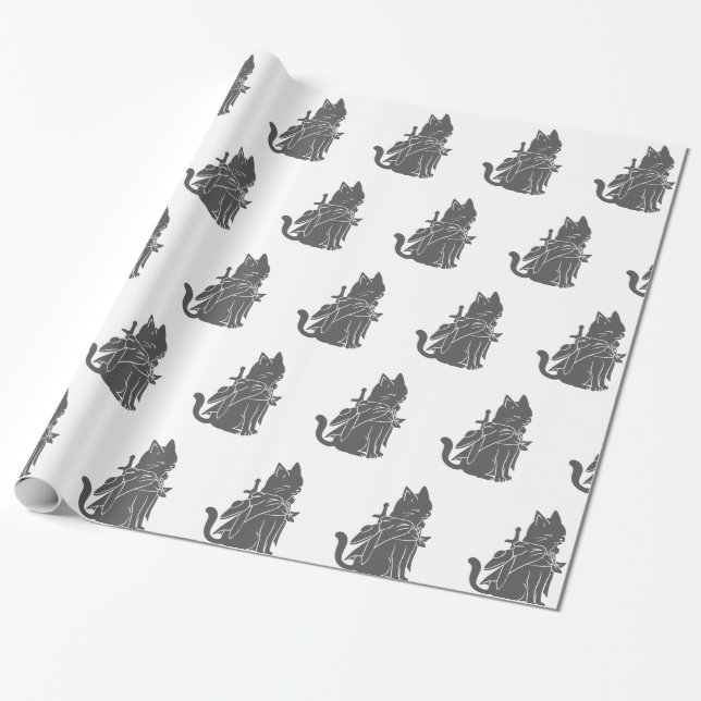 Papier Cadeau Silhouette de chat guerrier - Choisir la couleur a (Déroulé)