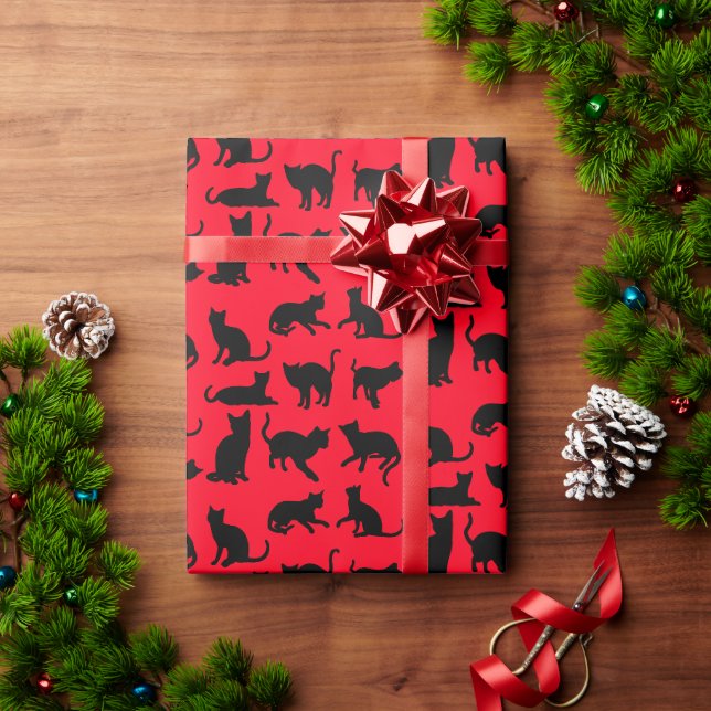 Papier Cadeau Silhouette de chat noir sur rouge (Cadeau de vacances)