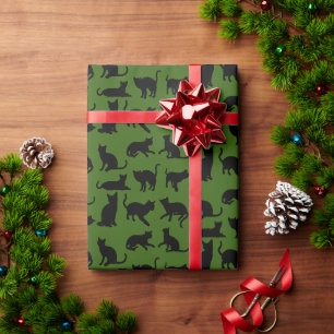 Papier Cadeau Silhouette de chat noir sur vert