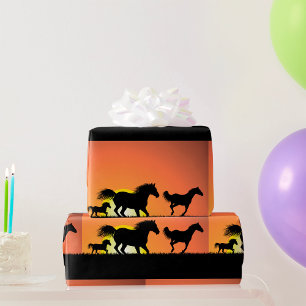 Papier Cadeau Silhouette de chevaux sauvages au coucher du solei