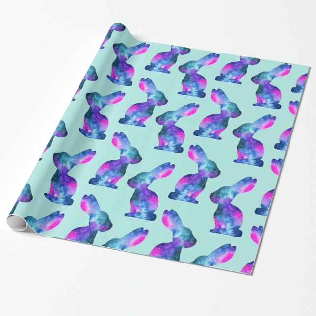 Papier Cadeau Silhouette de lapin, motif, galaxie d'aquarelle (Déroulé)