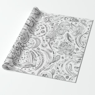 Papier Cadeau Silver brillant et blanc Vintage Motif Paisley
