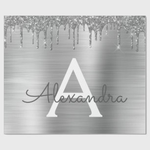 Papier Cadeau Silver Glitter Brushed metal Monogram