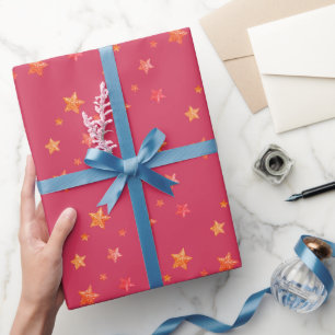 Papier Cadeau Simple Glamour Rouge Pailleté Paillettes Étoiles M