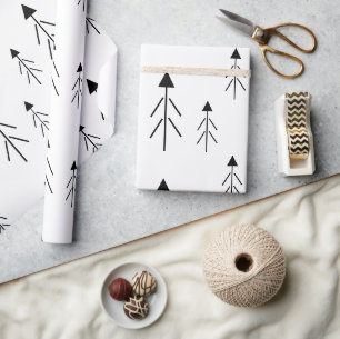 Papier Cadeau Simple Noir Blanc Joyeux Arbres de Noël Cadeau