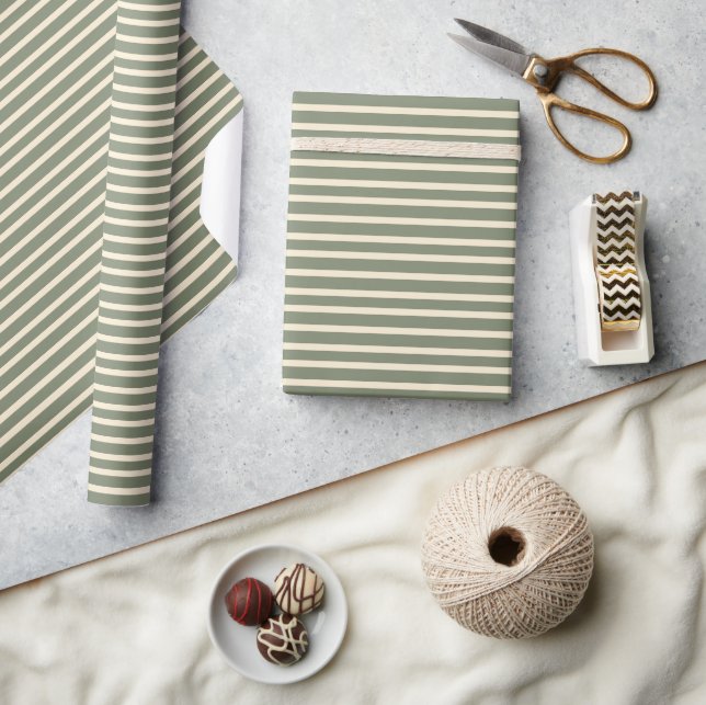 Papier Cadeau Simple `Rustique Moderne` Vert Sauge Rayé (Artisanat)