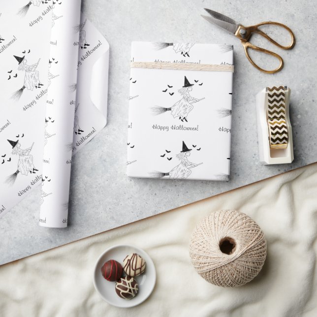 Papier Cadeau Simple Witch And Bats Line Art Halloween heureux (Artisanat)