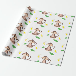 Papier Cadeau Singe Avec Banane Peint Motif Jaune Vert