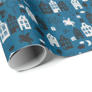 Papier Cadeau Sinterklaas met paard en huisjes blauw
