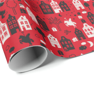 Papier Cadeau Sinterklaas met paard en huisjes rood