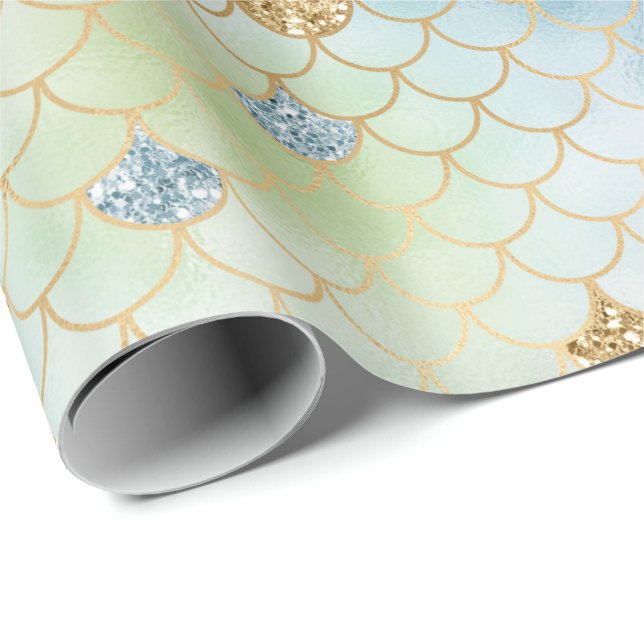 Papier Cadeau Sirène de Parties scintillant d'or Aqua Blue Mint (Coin rond)