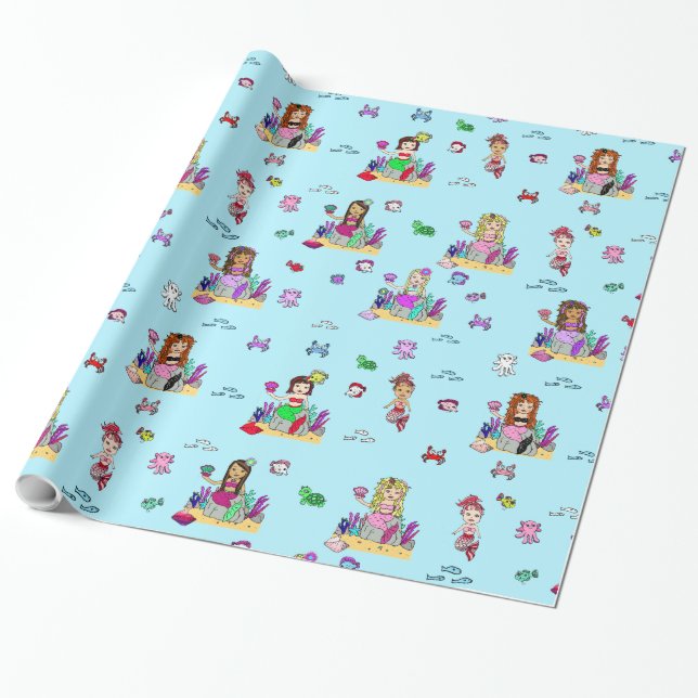 Papier Cadeau Sirène et créatures de mer Enveloppement cadeau de (Déroulé)