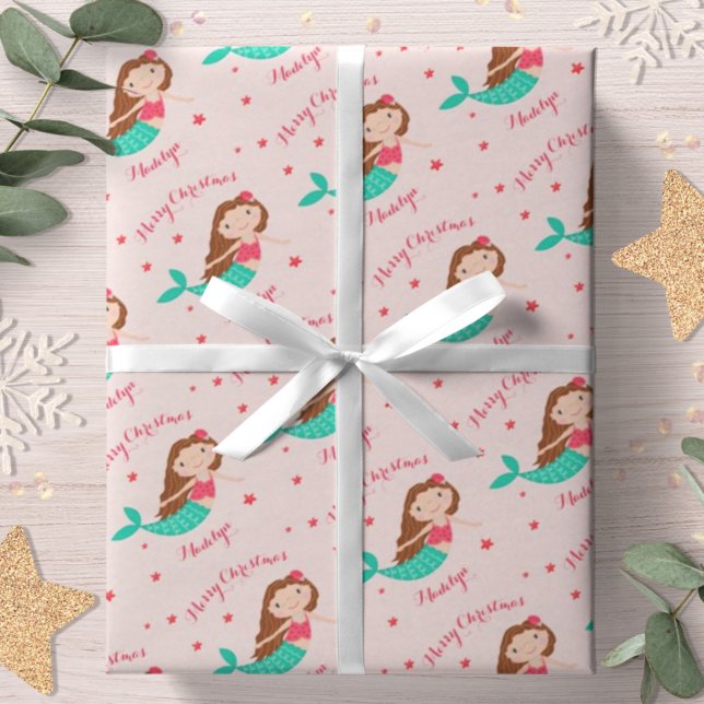 Papier Cadeau Sirène Noël rose pâle Personnalisé (Créateur téléchargé)