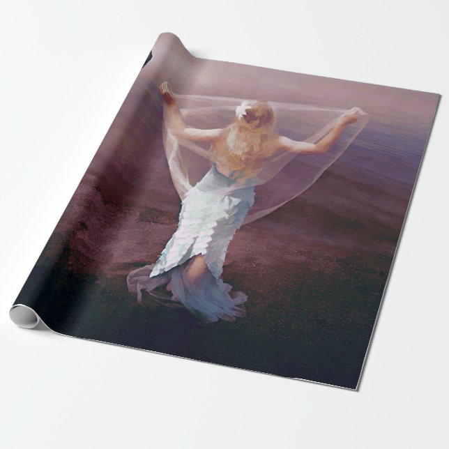 Papier Cadeau Sirène Par Mer Violet Nautique Rétro (Déroulé)