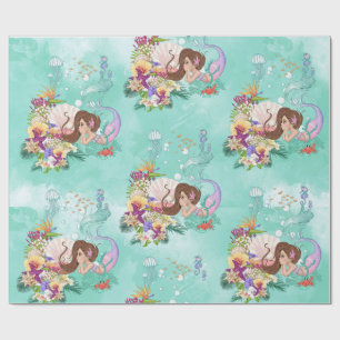 Papier Cadeau Sirène rose Cheveux foncé Étoile de cheval de mer 