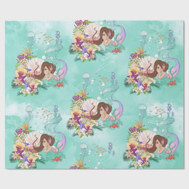 Papier Cadeau Sirène rose Cheveux foncé Étoile de cheval de mer  (Plat)