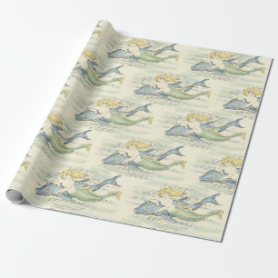 Papier Cadeau Sirène vintage et dauphin Nautique ou cadeau